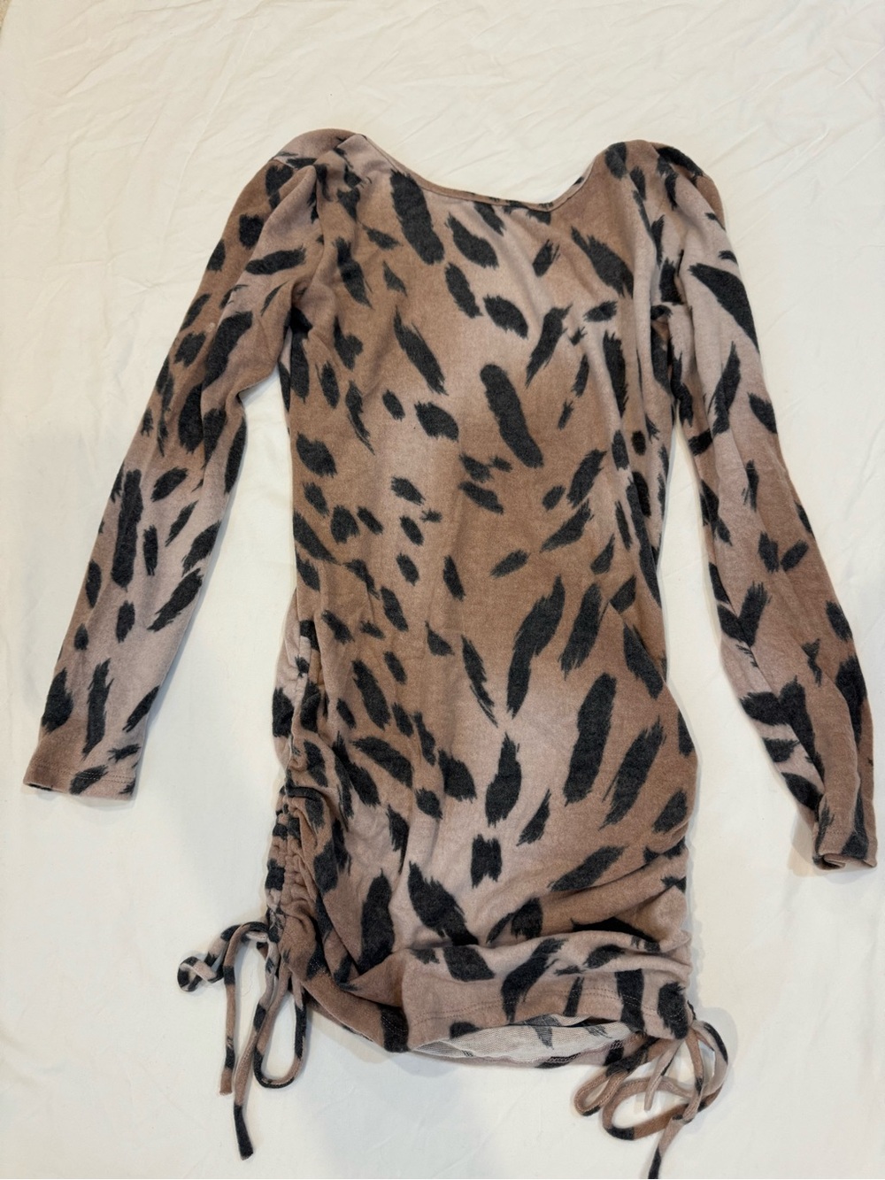 Neutral Animal Print Drawstring Long Sleeve Dress